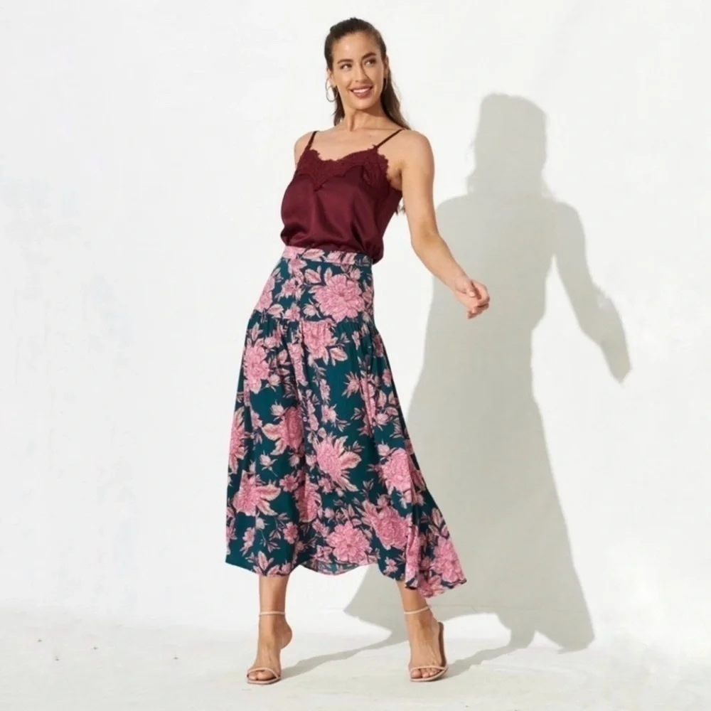 Abel The Label Bonnie Floral Boho Yoke Maxi Skirt Teal Pink Large